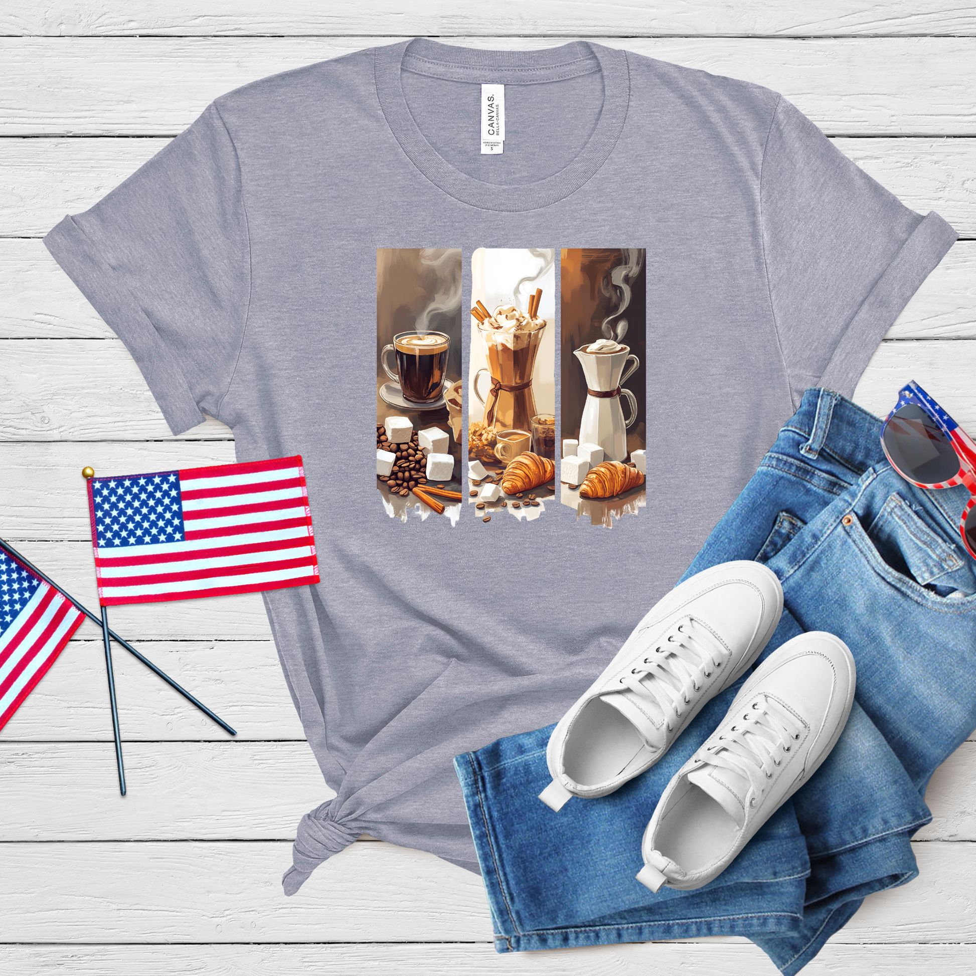 Artistic Coffee & Pastry Brush Stroke T-Shirt featuring coffee cups, croissants, and beans in vibrant brush stroke design.