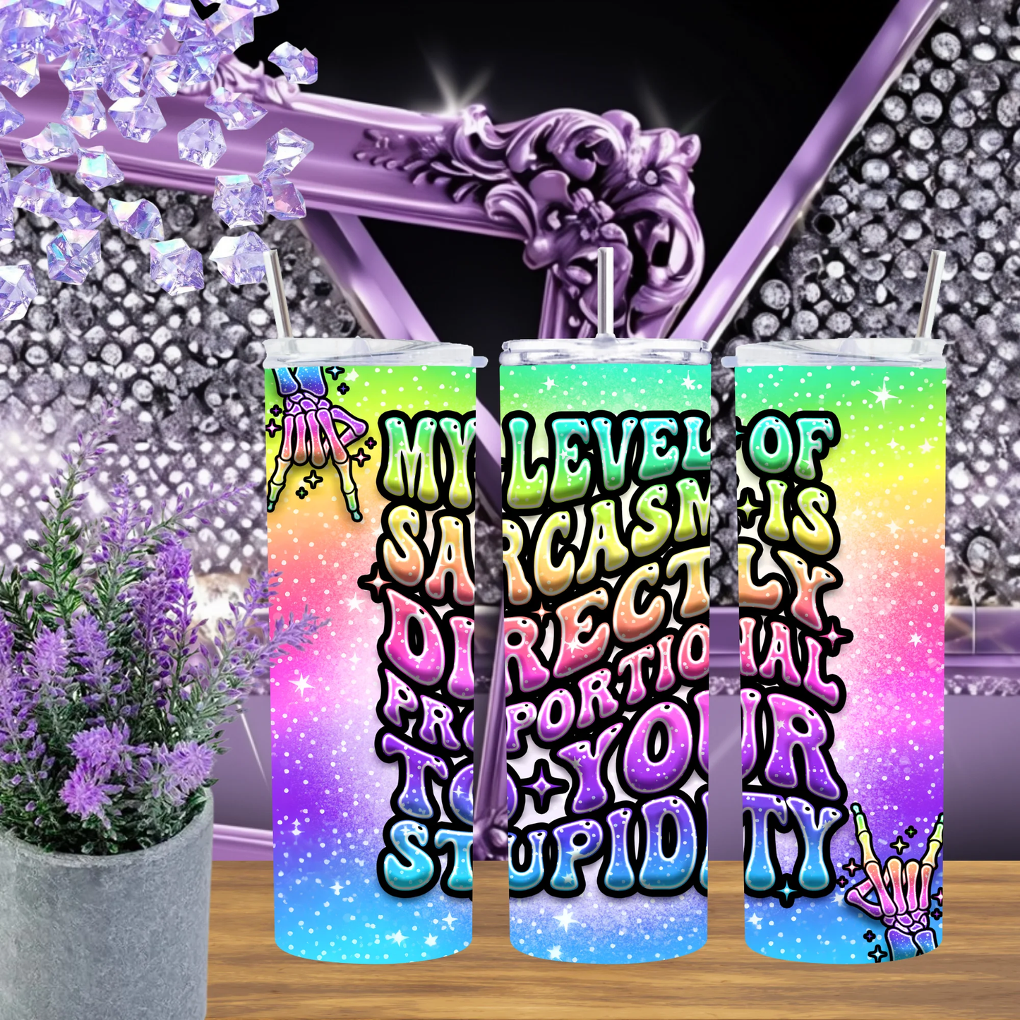 Funny Sarcasm 20oz Tumbler With Rainbow Skeleton Hand And Cheeky Quotes Gift For Her Colorful Stainless Steel Cup by Marie Gems