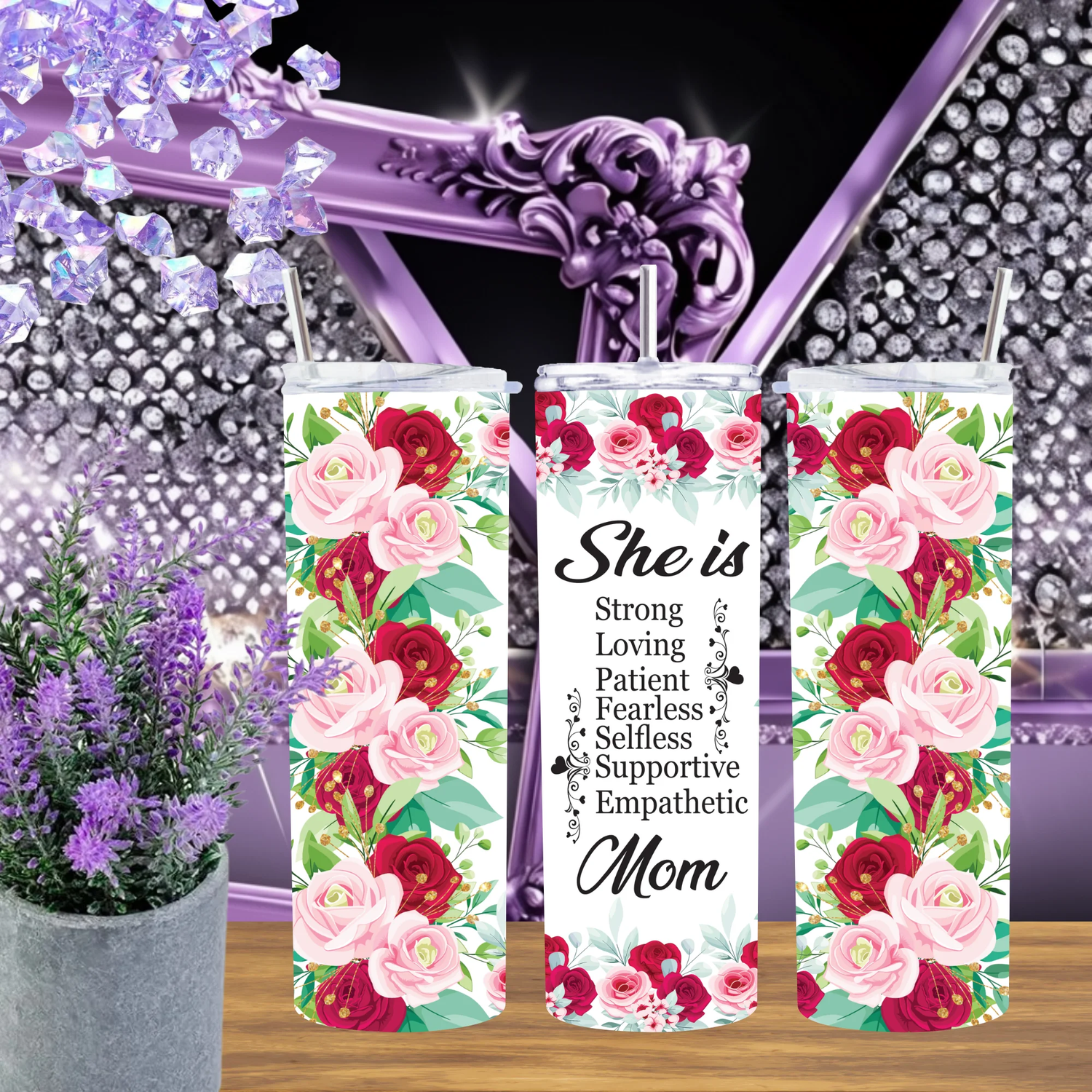 She Is Strong Loving Patient Mom 20oz Tumbler Floral Affirmation Travel Mug Christian Mom Gift Red Rose Stainless Steel by Marie Gems