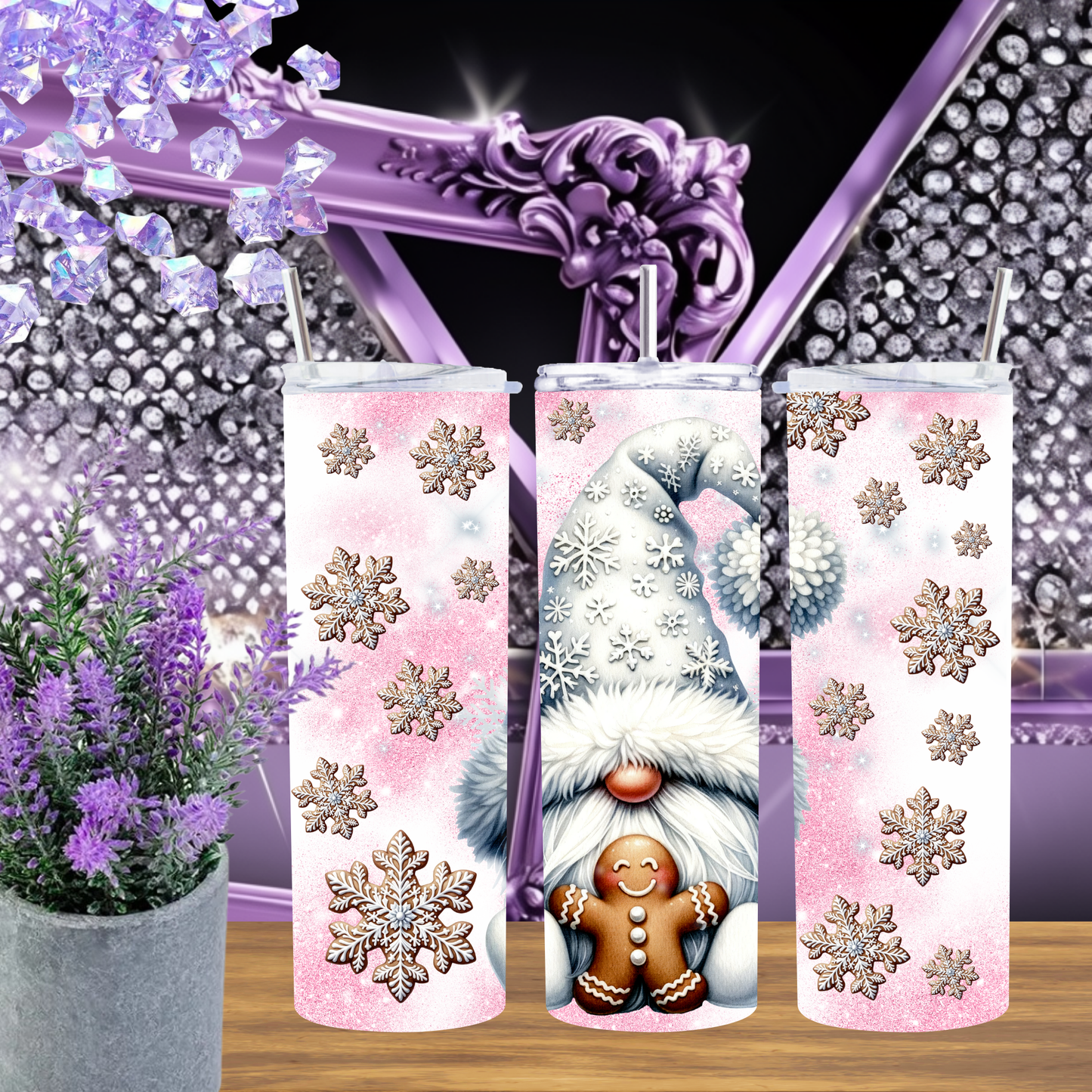 Winter Gnome Tumbler 20 oz – Pink Snowflake Christmas Cup with Gingerbread Gnome, Holiday Skinny Tumbler Gift for Her