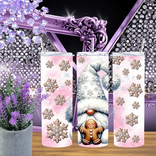 Winter Gnome Tumbler 20 oz – Pink Snowflake Christmas Cup with Gingerbread Gnome, Holiday Skinny Tumbler Gift for Her