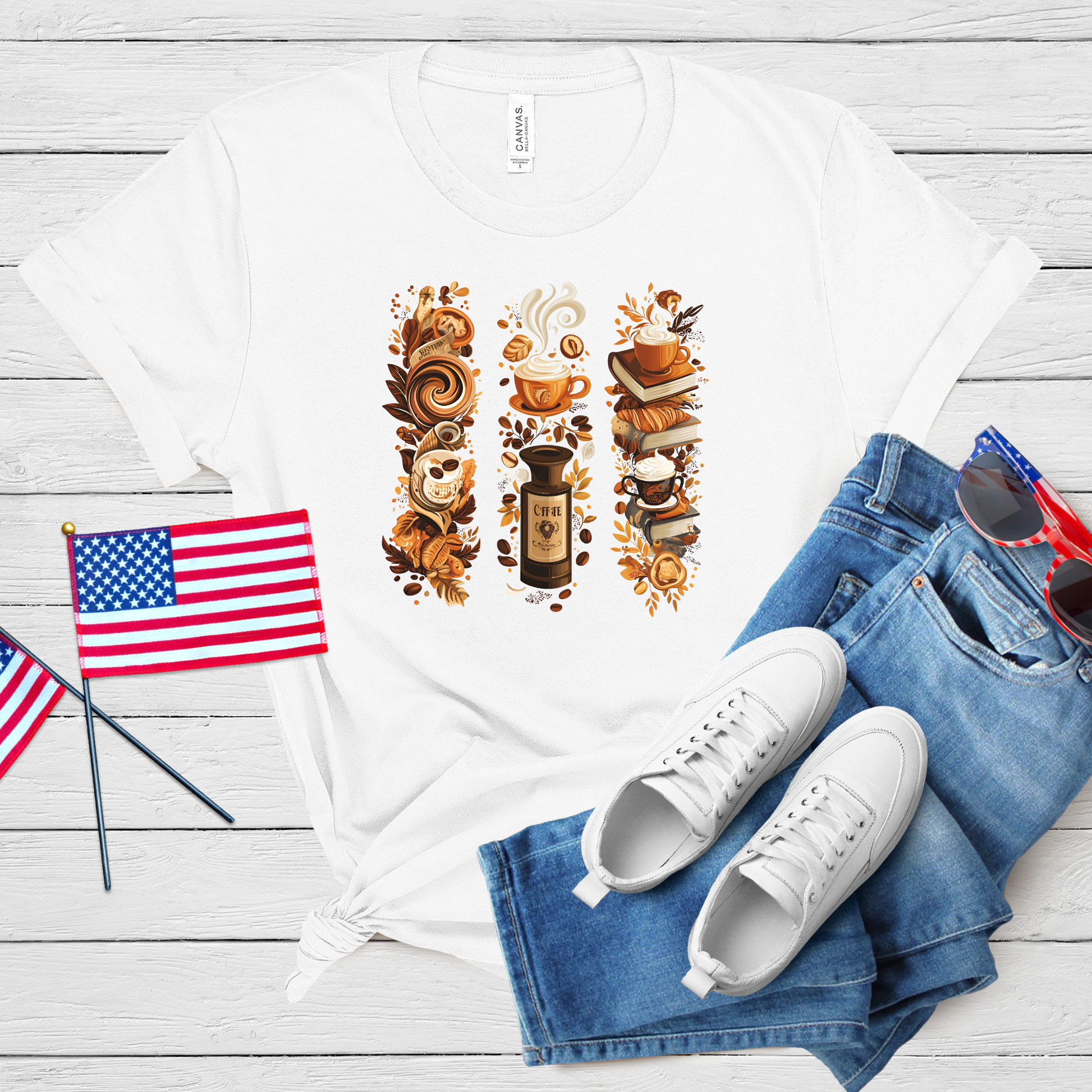 Artistic Coffee & Pastry Brush Stroke T-Shirt featuring coffee-themed brush stroke designs on a white shirt.