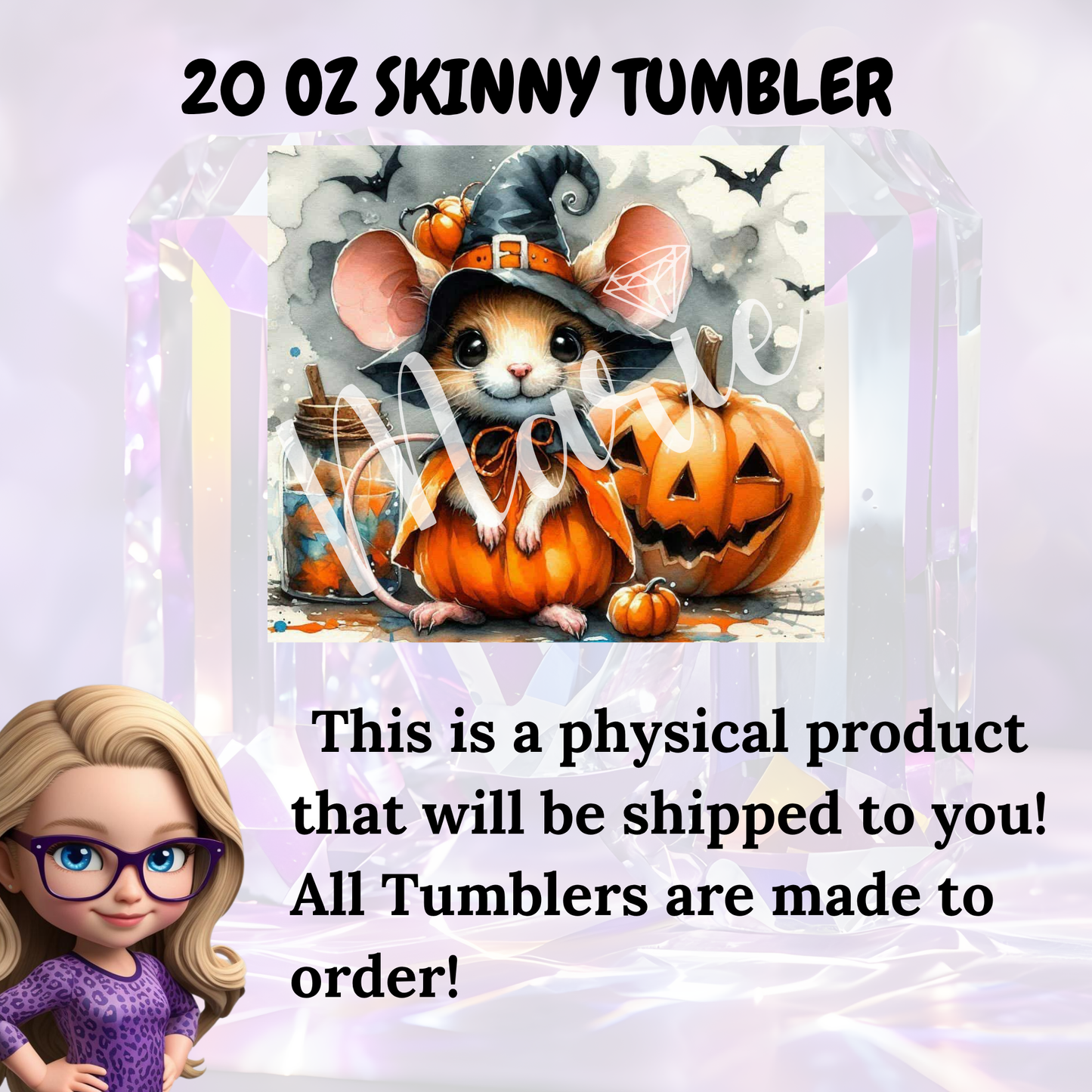 Adorable Halloween Mouse Tumbler – Insulated 20oz Skinny Cup with Pumpkin & Bat Motifs