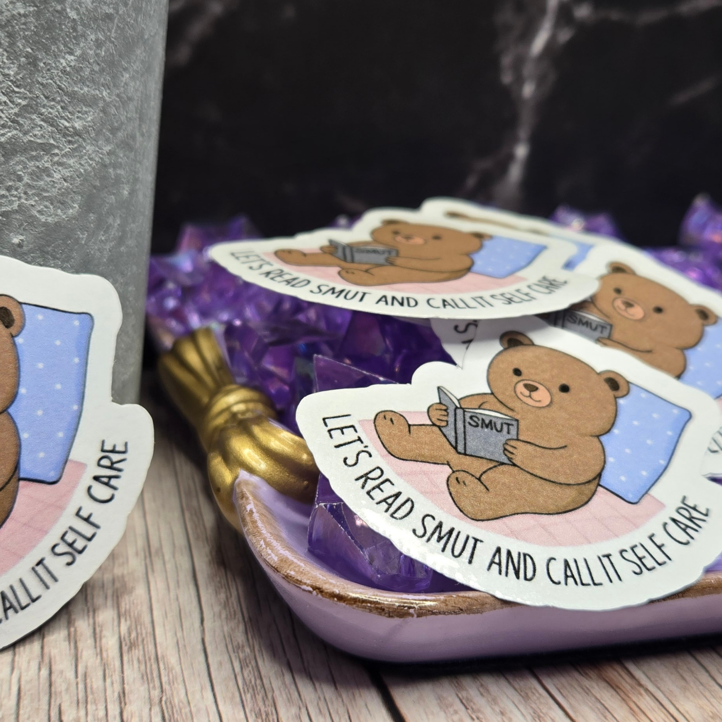 Cozy Reading Bear Sticker - "Let's Read Smut and Call It Self Care" - Humorous Book Lover Decal
