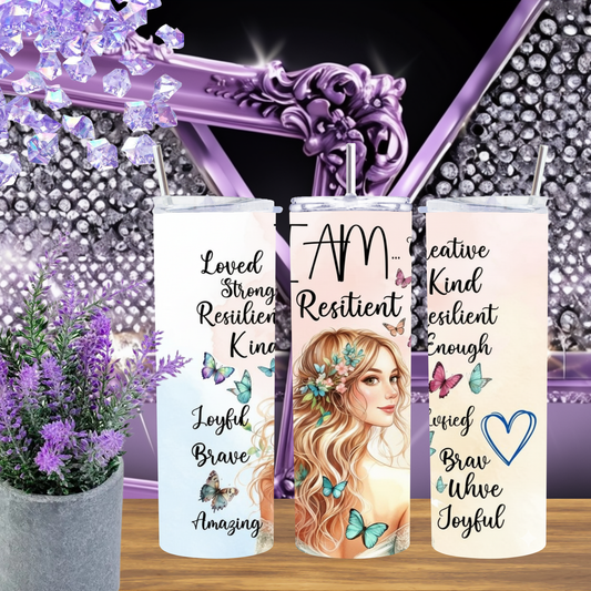 Personalized 20oz Skinny Tumbler with Butterfly and Affirmations, I Am Loved Strong Beautiful Confident Tumbler Gift