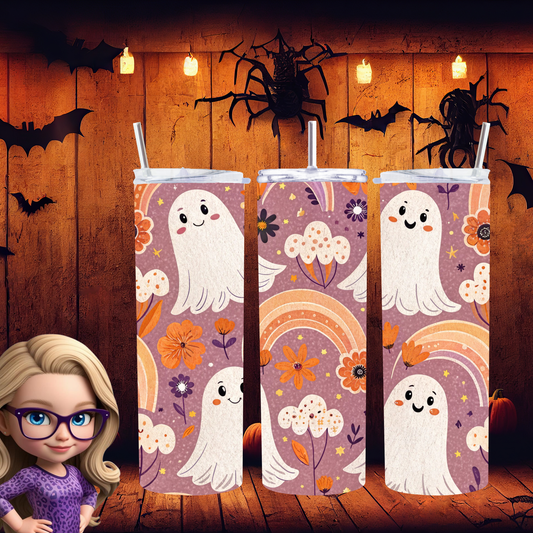 Cute Ghost Rainbow 20oz Skinny Tumbler, Spooky Season Drinkware, Ghost Lover Physical Tumbler, Made to Order Halloween Cup
