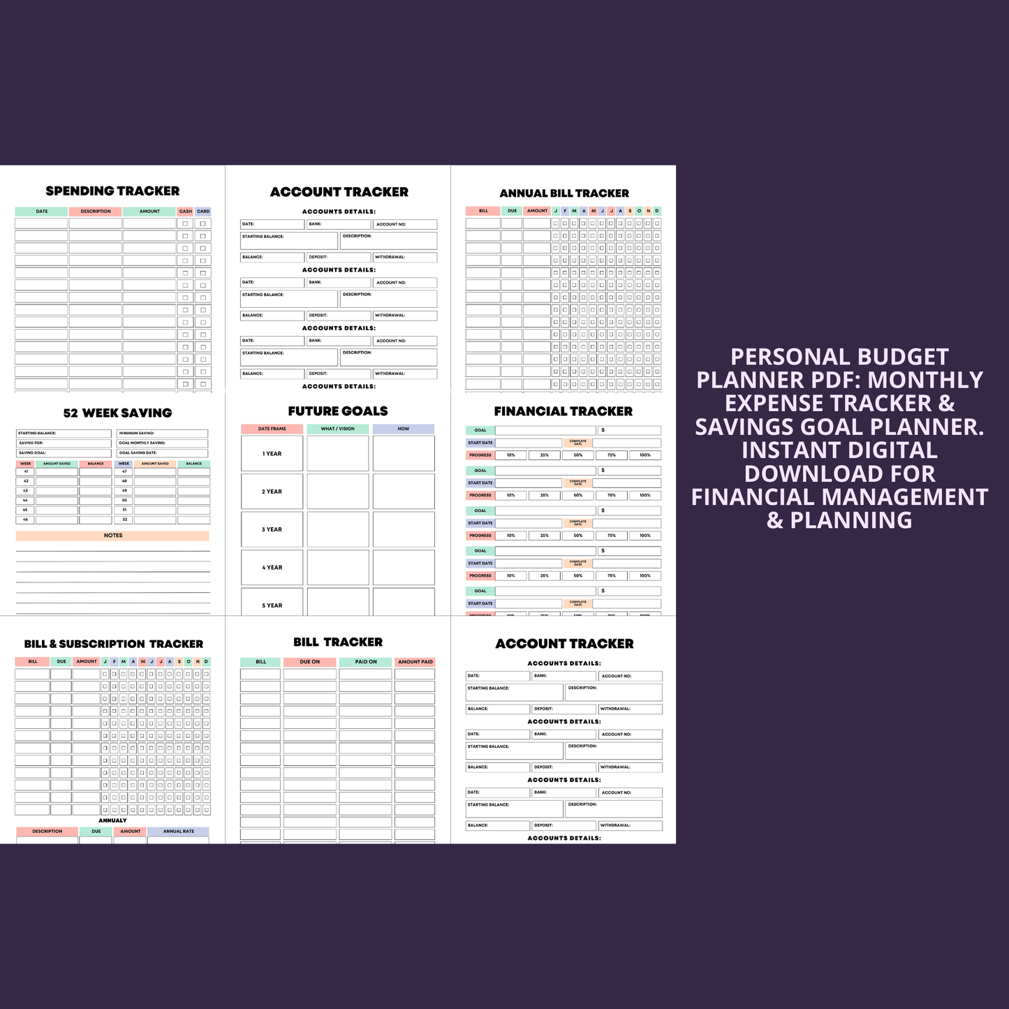 Personal Budget Planner PDF: Monthly Expense Tracker & Savings Goal Planner. Instant Digital Download for Financial Management & Planning