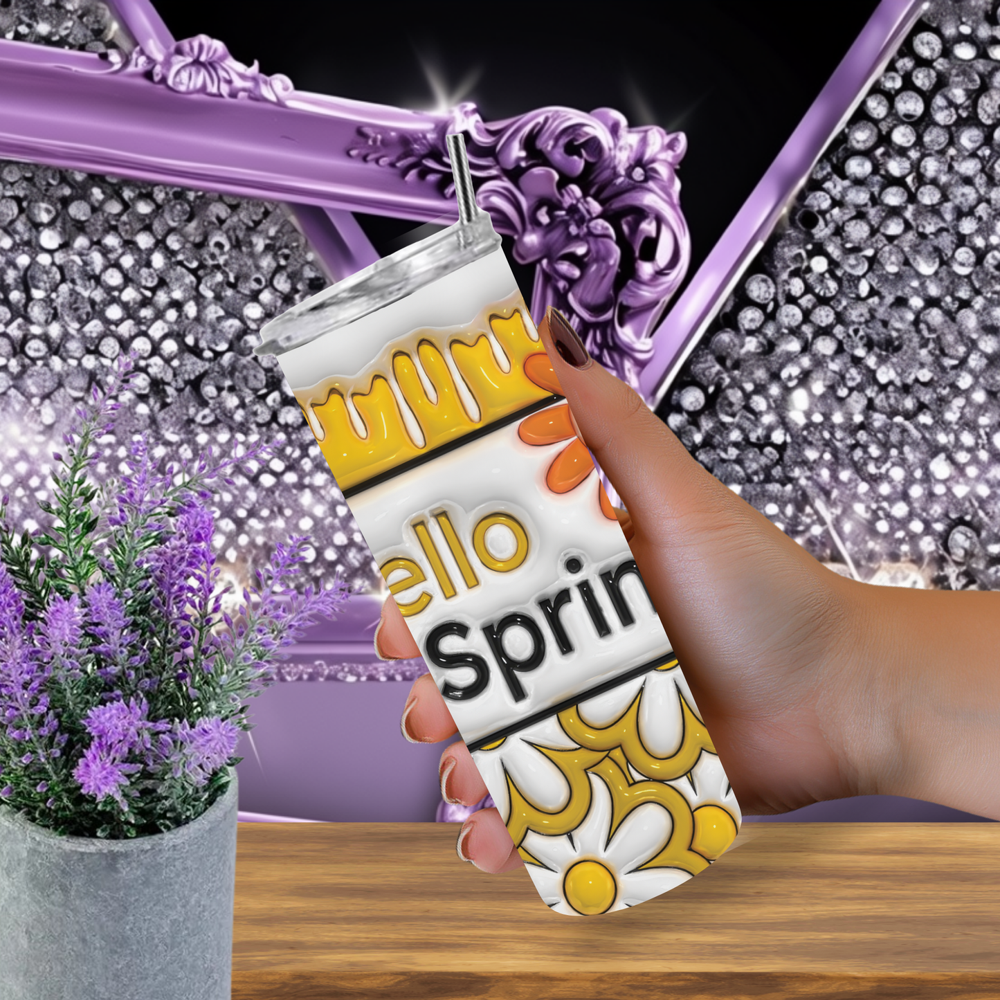 Hello Spring Tumbler 20 oz – Daisy Floral Skinny Tumbler with Honey Drip Design, Double Wall Insulated Cup with Straw, Spring Gift for Her