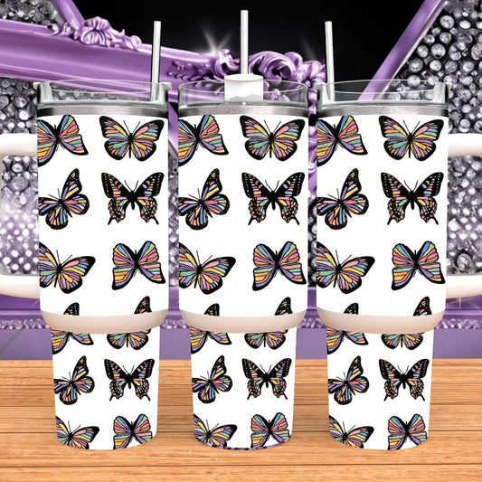 Butterfly Pattern 40oz Tumbler with Handle • Colorful Wings Stainless Steel Travel Mug • Rainbow Butterfly Gift for Her • Large Sublimation Insulated Water Bottle • Whimsical Aesthetic Cup by Marie Gems