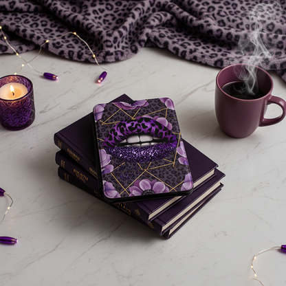 Purple Leopard Handmade 7-Inch Kindle Paperwhite Case showing purple leopard kindle case artwork with purple leopard kindle case, glitter lips kindle cover, personalized kindle