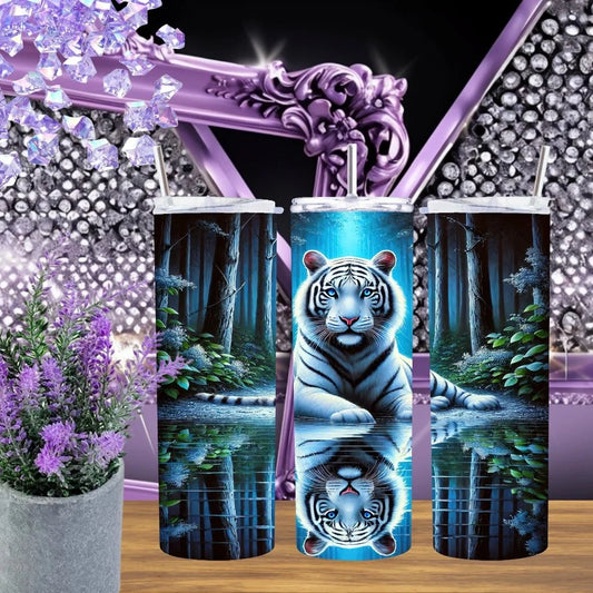 White Tiger 20oz Tumbler Handmade Stainless Steel Drinkware Blue Moonlight Jungle Reflection Exotic Animal Lover Gift by Marie Gems