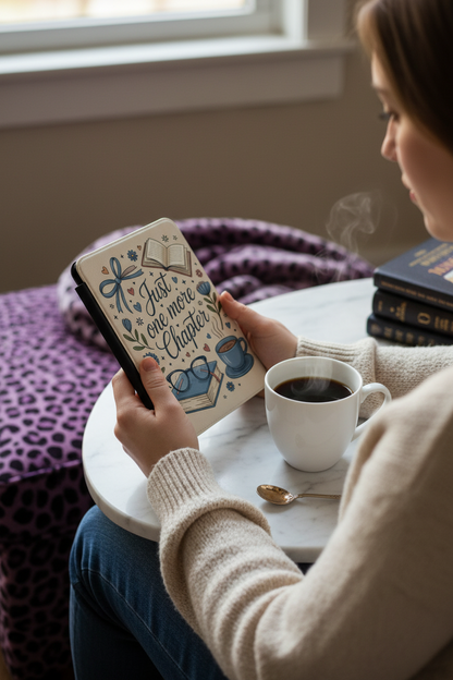 Just One More Chapter Current 7-Inch Kindle Paperwhite Case showing just one more chapter kindle case artwork with just one more chapter kindle case, book lover kindle case