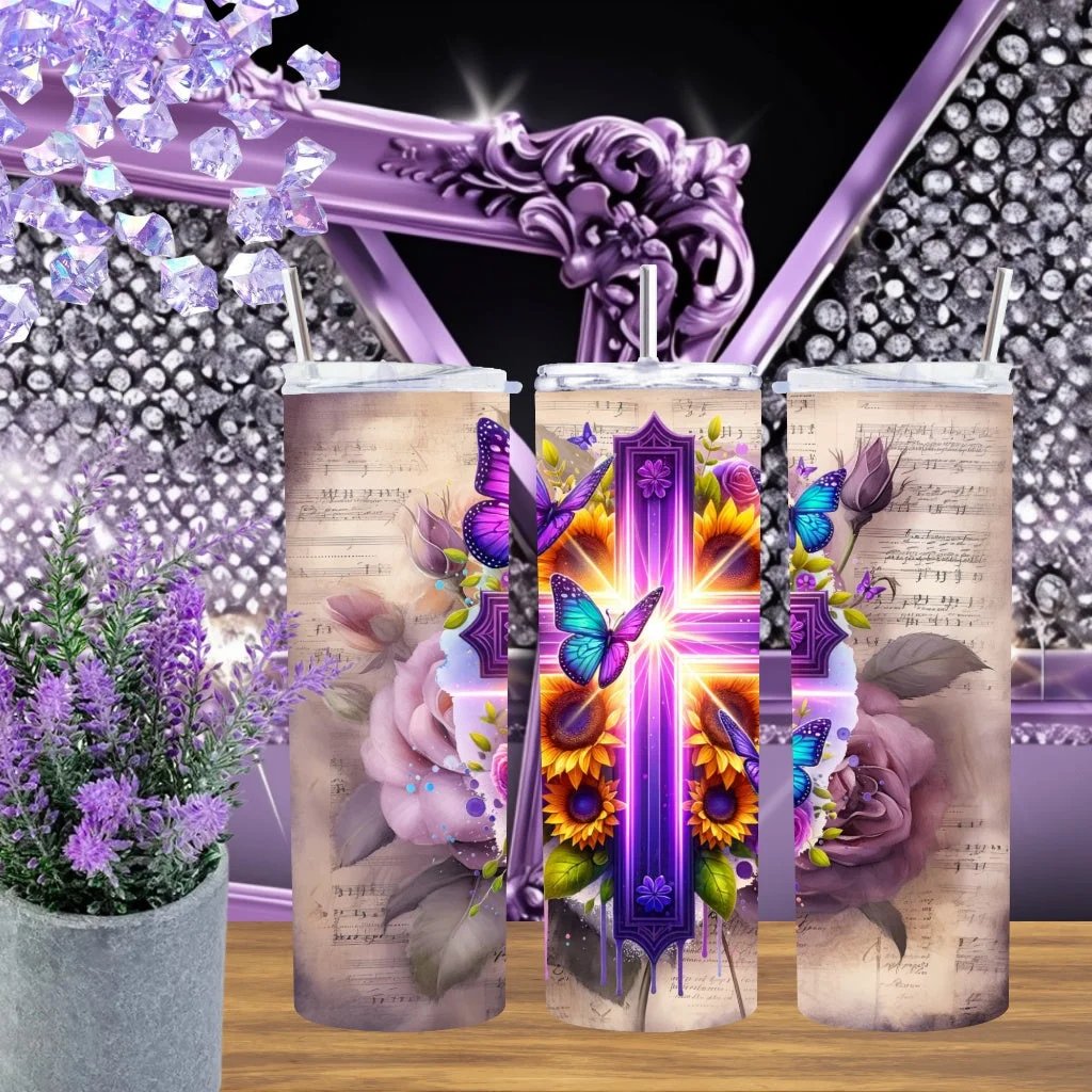 Vintage Music Cross 20oz Tumbler Purple Glowing Cross Stainless Steel Cup Christian Hymn Gift For Her Handmade Drinkware by Marie Gems