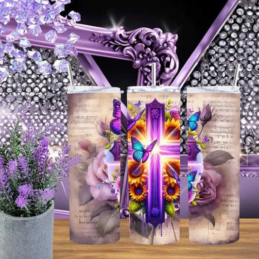 Vintage Music Cross 20oz Tumbler Purple Glowing Cross Stainless Steel Cup Christian Hymn Gift For Her Handmade Drinkware by Marie Gems