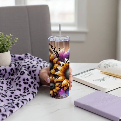 Purple Sunflower Handmade 20 oz Stainless Steel Tumbler showing purple sunflower 20oz tumbler - leopard print gift for her artwork with insulated stainless steel tumbler, reusable