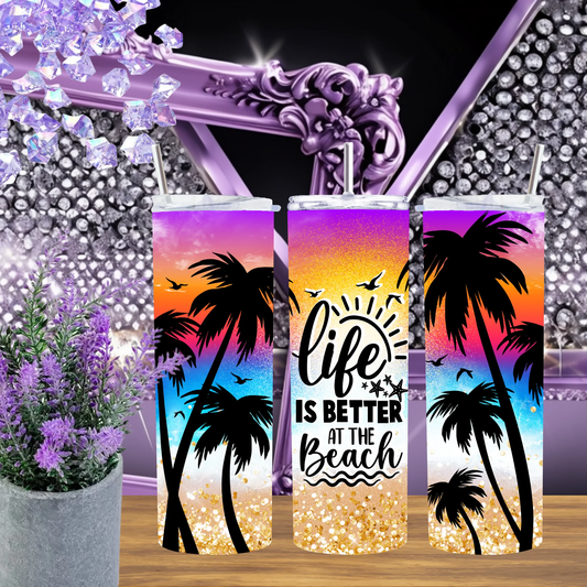 Life Is Better At The Beach 20oz Tumbler Tropical Sunset Travel Mug Palm Tree Summer Gift Drinkware Glitter Sand Cup by Marie Gems