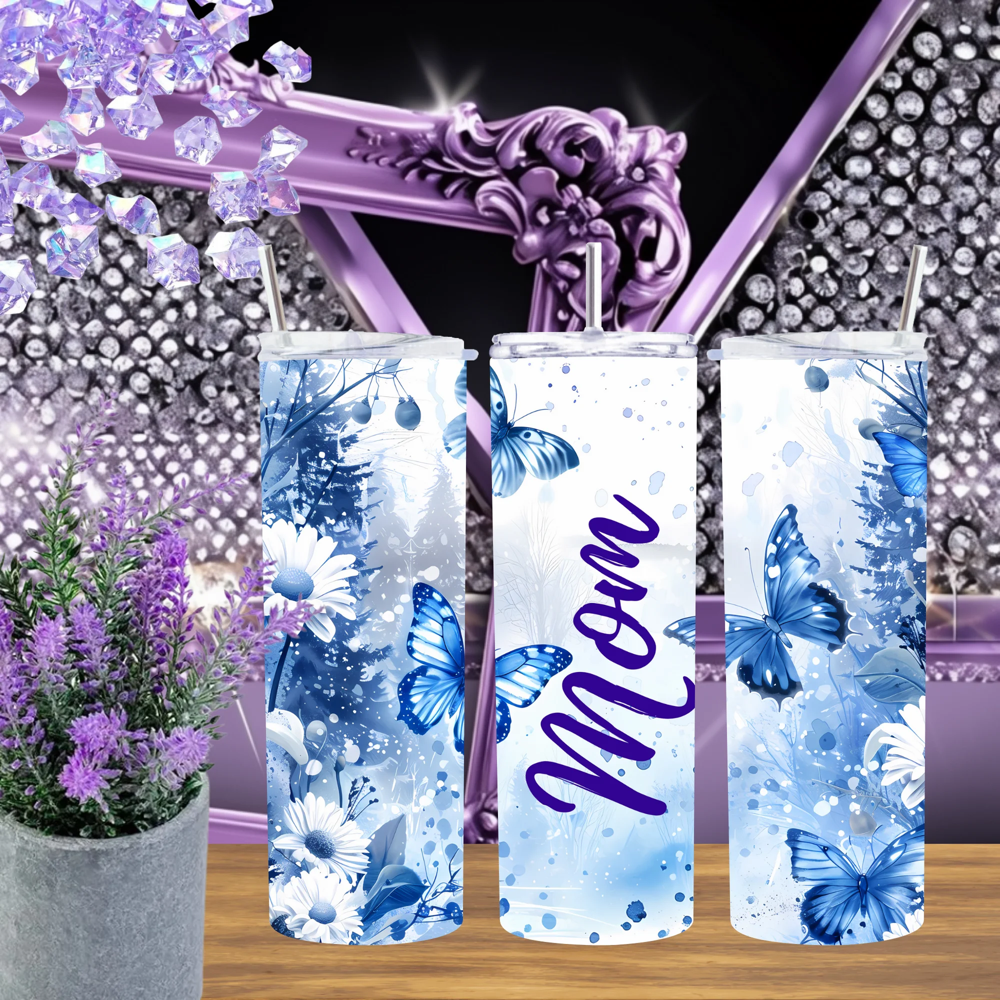 Blue Butterfly Mom 20 Ounce Tumbler With White Floral Garden Design For Her Aesthetic Travel Cup Gift by Marie Gems