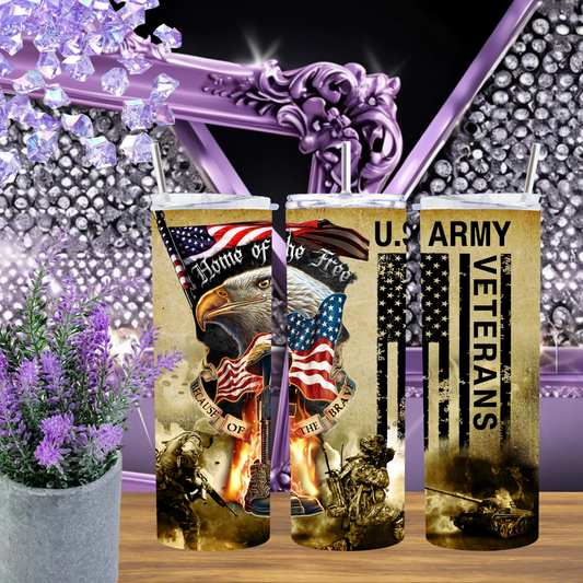US Army Veteran 20oz Tumbler Home of the Brave Eagle Cup American Flag Patriotic Gift Military Appreciation Mug by Marie Gems