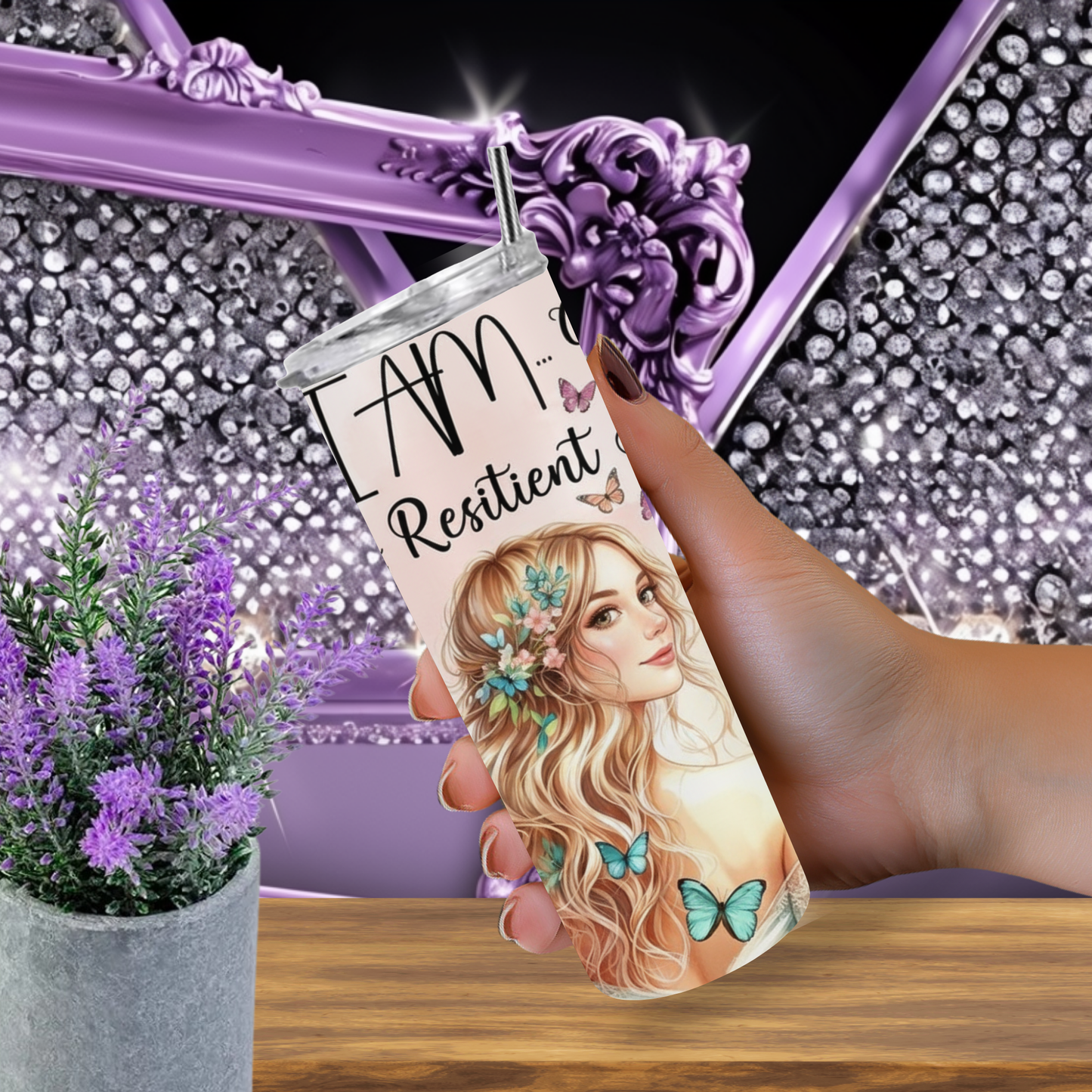 Personalized 20oz Skinny Tumbler with Butterfly and Affirmations, I Am Loved Strong Beautiful Confident Tumbler Gift
