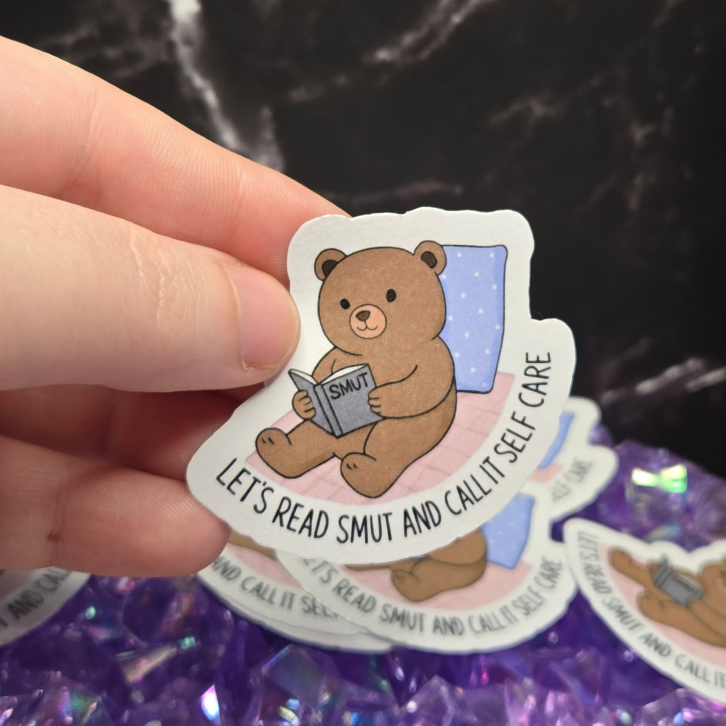 Cozy Reading Bear Sticker - "Let's Read Smut and Call It Self Care" - Humorous Book Lover Decal