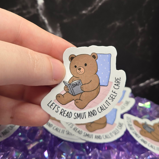 Cozy Reading Bear Sticker - "Let's Read Smut and Call It Self Care" - Humorous Book Lover Decal