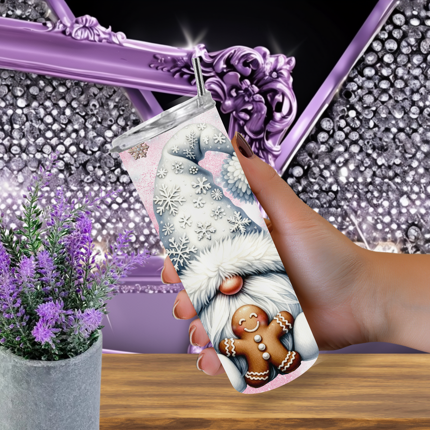 Winter Gnome Tumbler 20 oz – Pink Snowflake Christmas Cup with Gingerbread Gnome, Holiday Skinny Tumbler Gift for Her