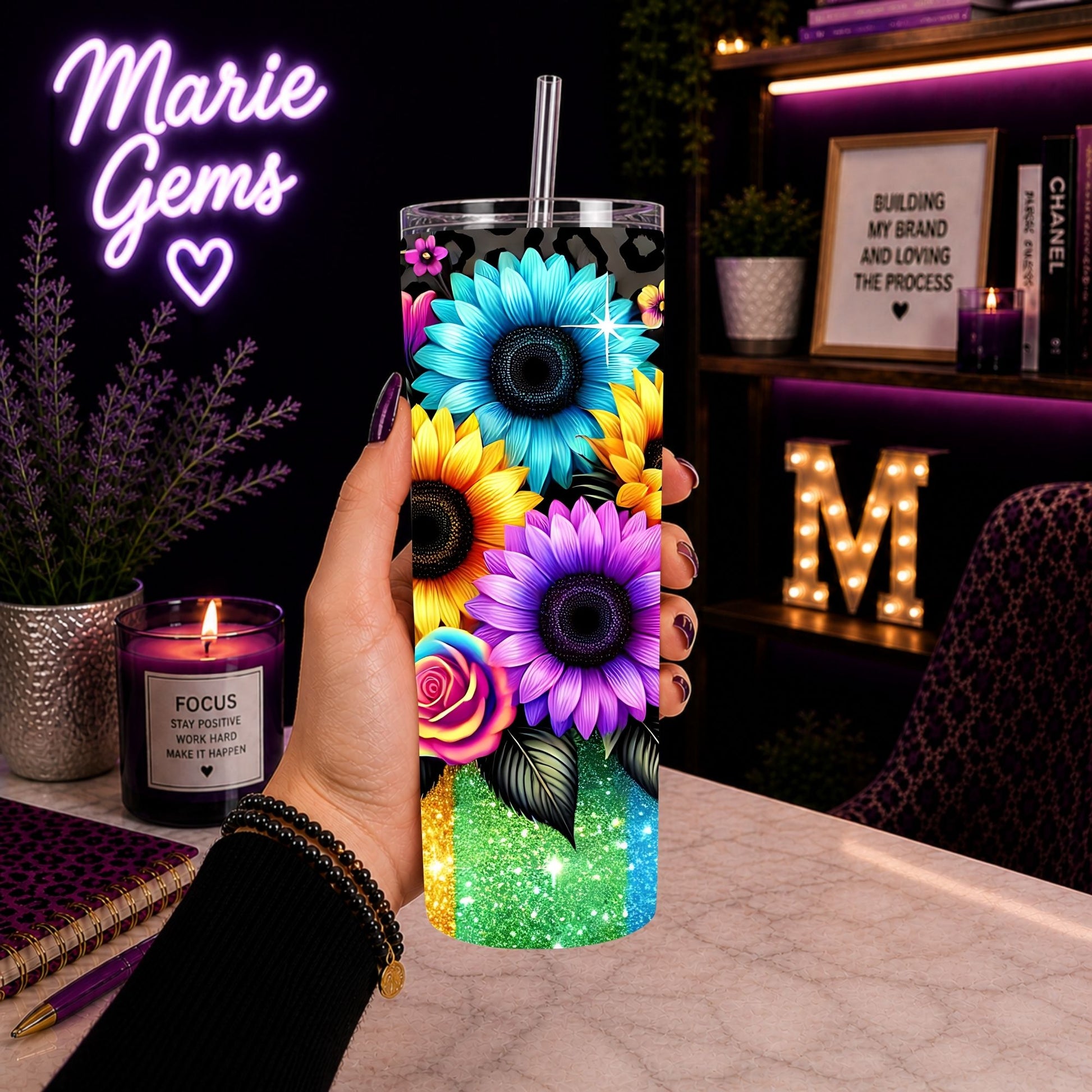 Hand holding Neon Sunflower Leopard Print Tumbler 20oz Travel Mug Glitter Aesthetic Floral Animal Print Drinkware Gift For Her