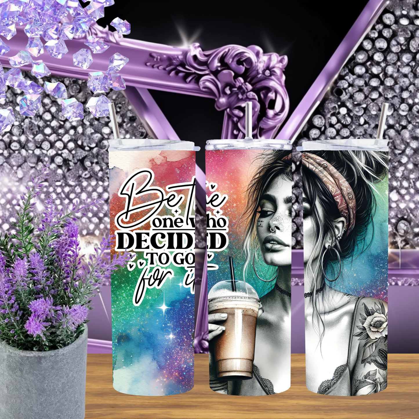 20oz Inspirational Tumbler Be The One Who Decided To Go For It Boho Watercolor Woman Cup Gift For Her Coffee Mug by Marie Gems