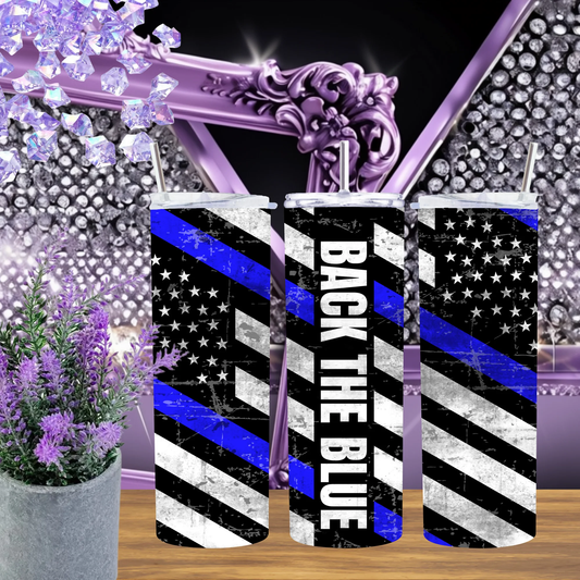 Back The Blue 20oz Tumbler Thin Blue Line Police Gift Law Enforcement Appreciation Cup Travel Mug Patriotic Hero Gift by Marie Gems