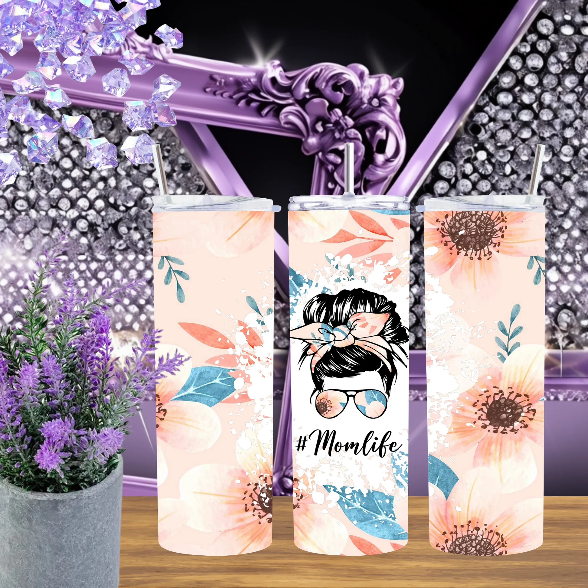 Momlife 20oz Tumbler, Messy Bun Floral Travel Mug, Aesthetic Peach Flower Cup, Mother’s Day Gift for Her, Cute Mama Daily Drinkware by Marie Gems