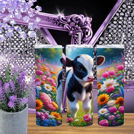 Baby Cow 20oz Tumbler Highland Calf Stainless Steel Cup Colorful Wildflower Meadow Farmhouse Drinkware Handmade by Marie Gems