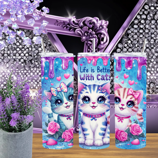 Life Is Better With Cats 20oz Tumbler Blue Floral Kitten Travel Mug Cute Cat Lover Gift For Women Cat Mom Drinkware by Marie Gems