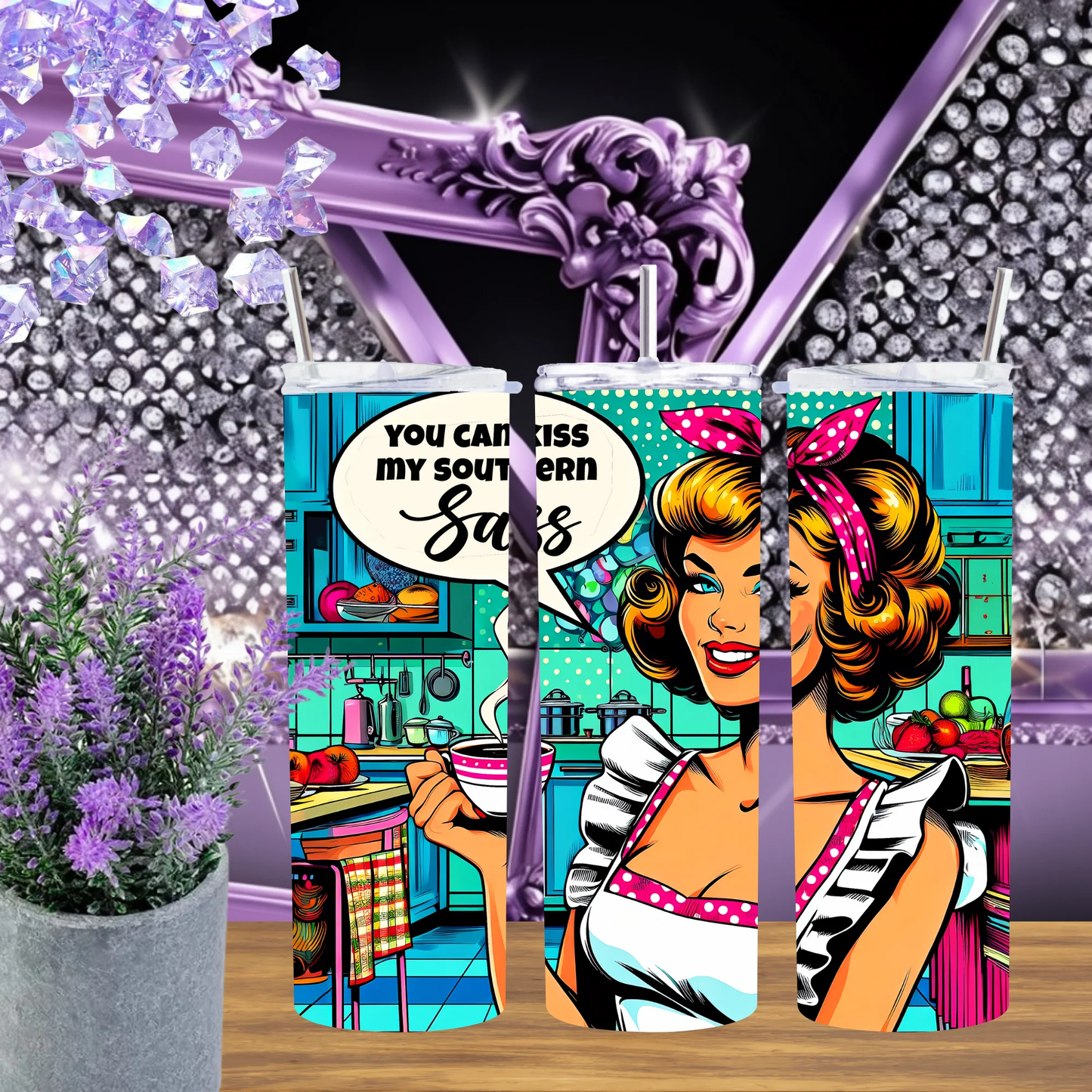 You Can Kiss My Southern Sass 20oz Tumbler Travel Mug Retro Comic Art Pinup Gift For Women by Marie Gems