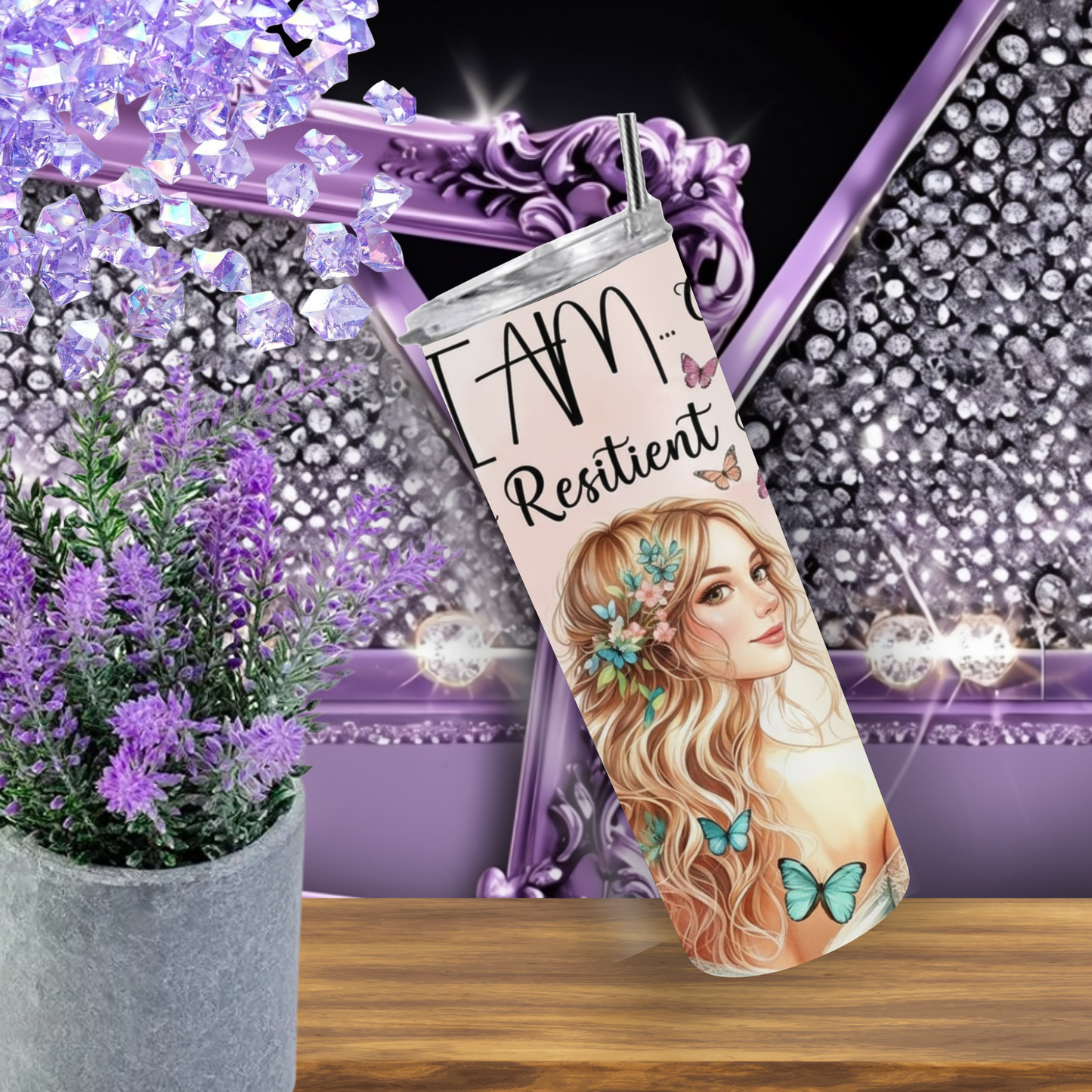 Personalized 20oz Skinny Tumbler with Butterfly and Affirmations, I Am Loved Strong Beautiful Confident Tumbler Gift