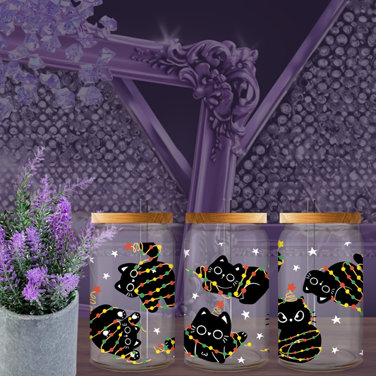 Tangled Christmas Cat Libbey Glass Can Cup 16oz – Funny Holiday Cat Tumbler with Lid & Straw, Cute Gift for Cat Lovers