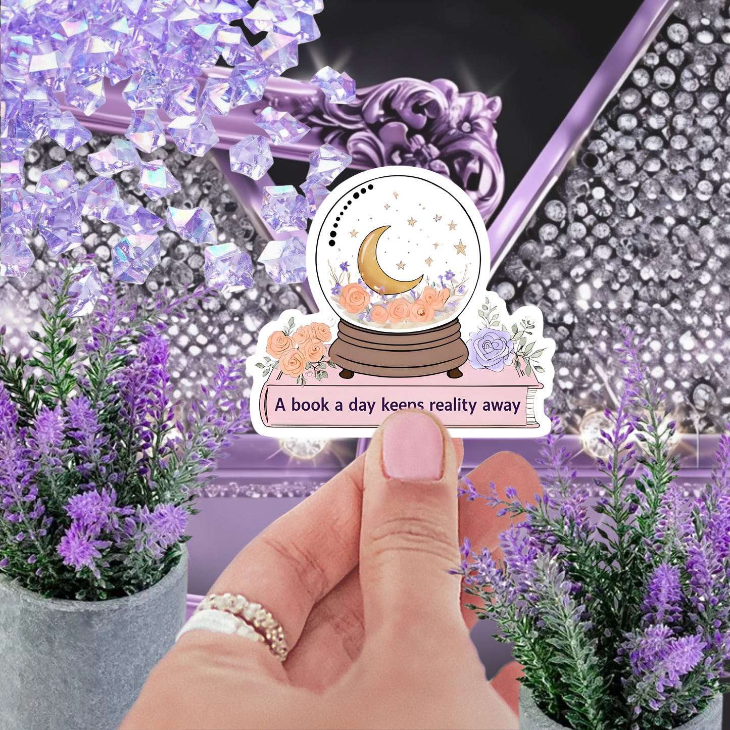 A Book a Day Keeps Reality Away Snow Globe Sticker - Mystical Floral Book Lover Decal