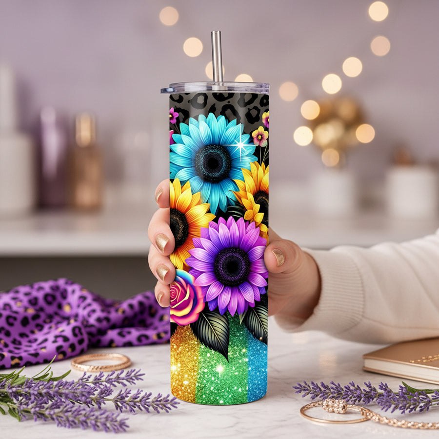 Neon Sunflower Handmade 20 oz Stainless Steel Tumbler showing neon sunflower tumbler artwork with insulated stainless steel tumbler, stainless steel tumbler, neon sunflower