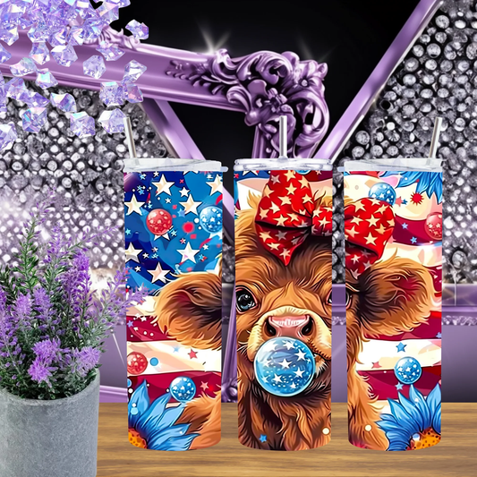 Patriotic Highland Cow 20oz Tumbler Stainless Steel Travel Mug For 4th Of July USA Pride Cowgirl Gift by Marie Gems