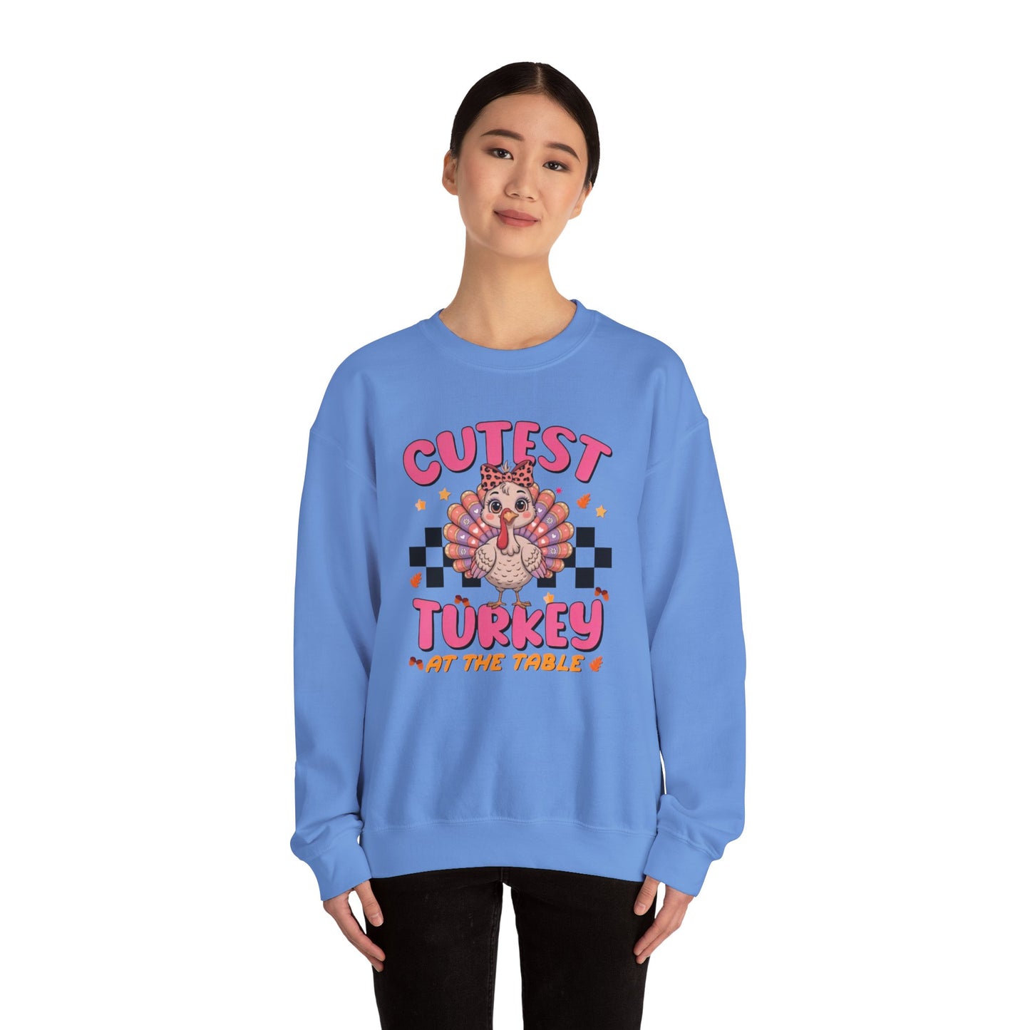 Chic Retro Turkey Thanksgiving Sweatshirt: Cutest At The Table – Cozy Crewneck in Purple, Pink, & More Colors for Holiday Family Gatherings
