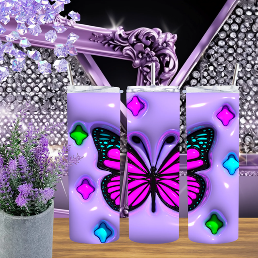 Pink Butterfly 20oz Tumbler Aesthetic 3D Travel Mug Neon Butterfly Gift For Her Girly Sparkle Drinkware by Marie Gems