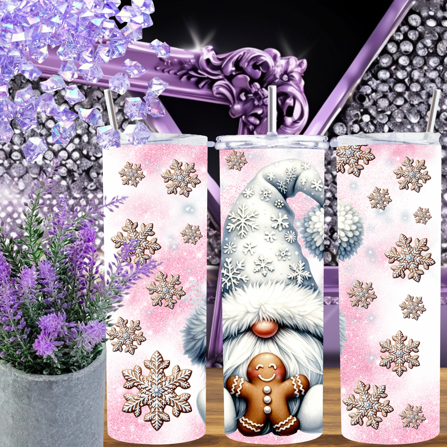 Winter Gnome Tumbler 20 oz – Pink Snowflake Christmas Cup with Gingerbread Gnome, Holiday Skinny Tumbler Gift for Her