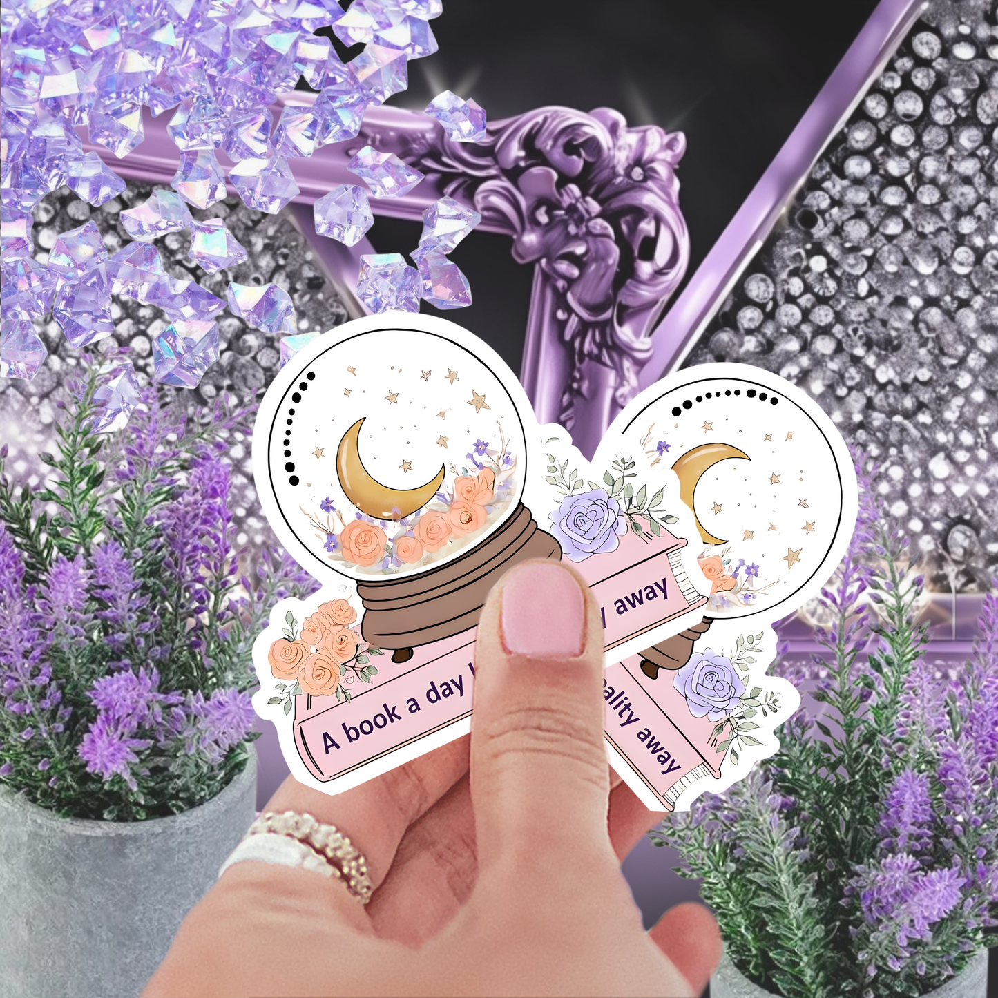 A Book a Day Keeps Reality Away Snow Globe Sticker - Mystical Floral Book Lover Decal