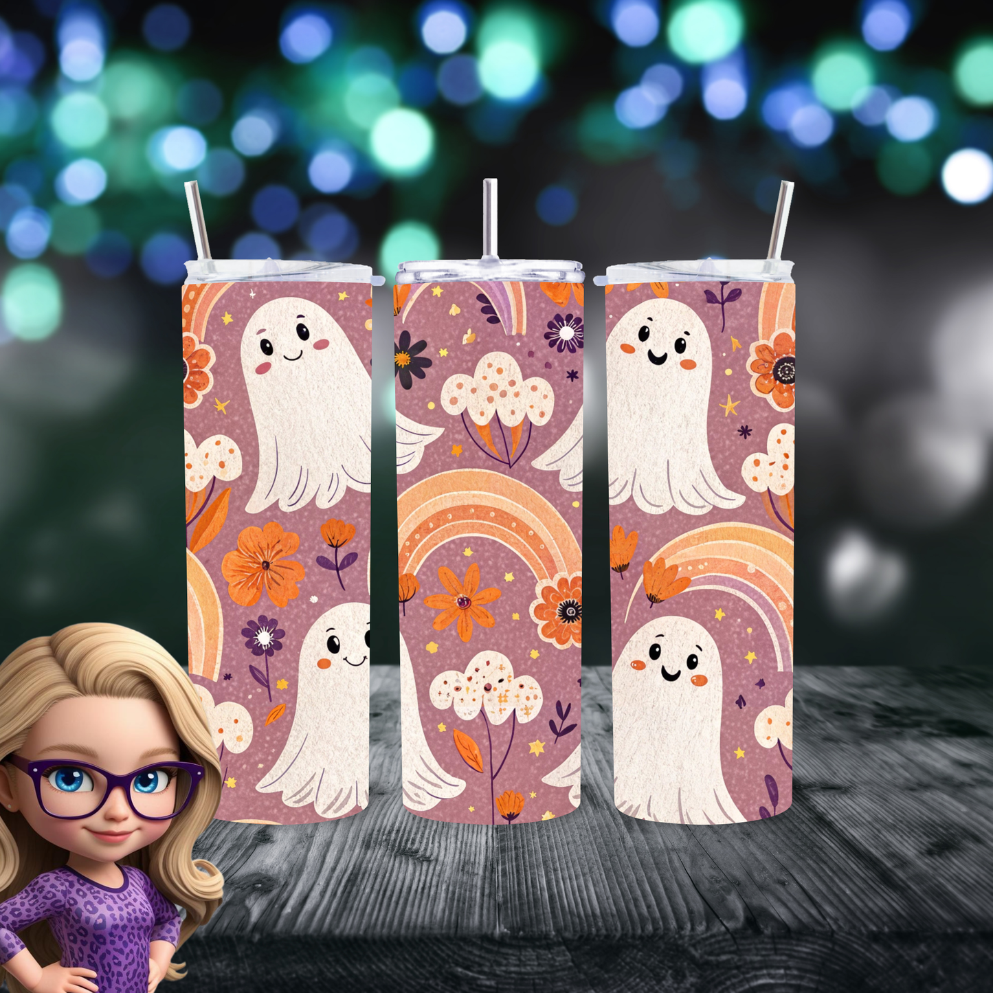 Cute Ghost Rainbow 20oz Skinny Tumbler, Spooky Season Drinkware, Ghost Lover Physical Tumbler, Made to Order Halloween Cup