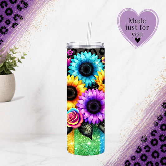 Neon Sunflower Leopard Print Tumbler 20oz Travel Mug Glitter Aesthetic Floral Animal Print Drinkware Gift For Her with vibrant multicolor sunflowers and glitter effect