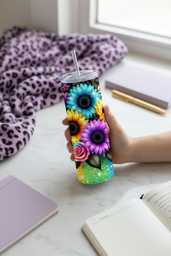 Neon Sunflower Handmade 20 oz Stainless Steel Tumbler showing neon sunflower tumbler artwork with insulated stainless steel tumbler, stainless steel tumbler, neon sunflower tumbler