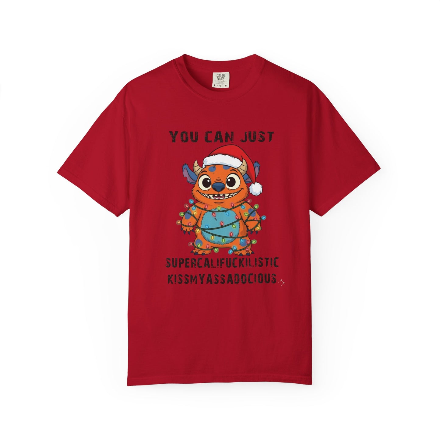 Funny Christmas Monster T-Shirt: Holiday Lights Alien Creature with Santa Hat | Adult & Kid Festive Gag Gift Tee