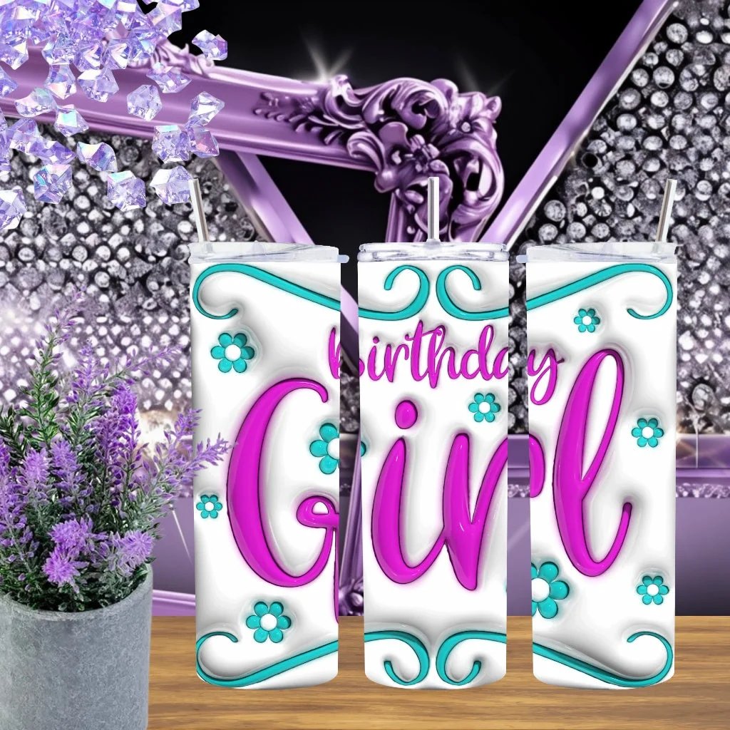Birthday Girl 20oz Tumbler • 3D Effect Pink Stainless Steel Cup • Cute Birthday Gift for Her • Handmade Party Celebration Drinkware by Marie Gems