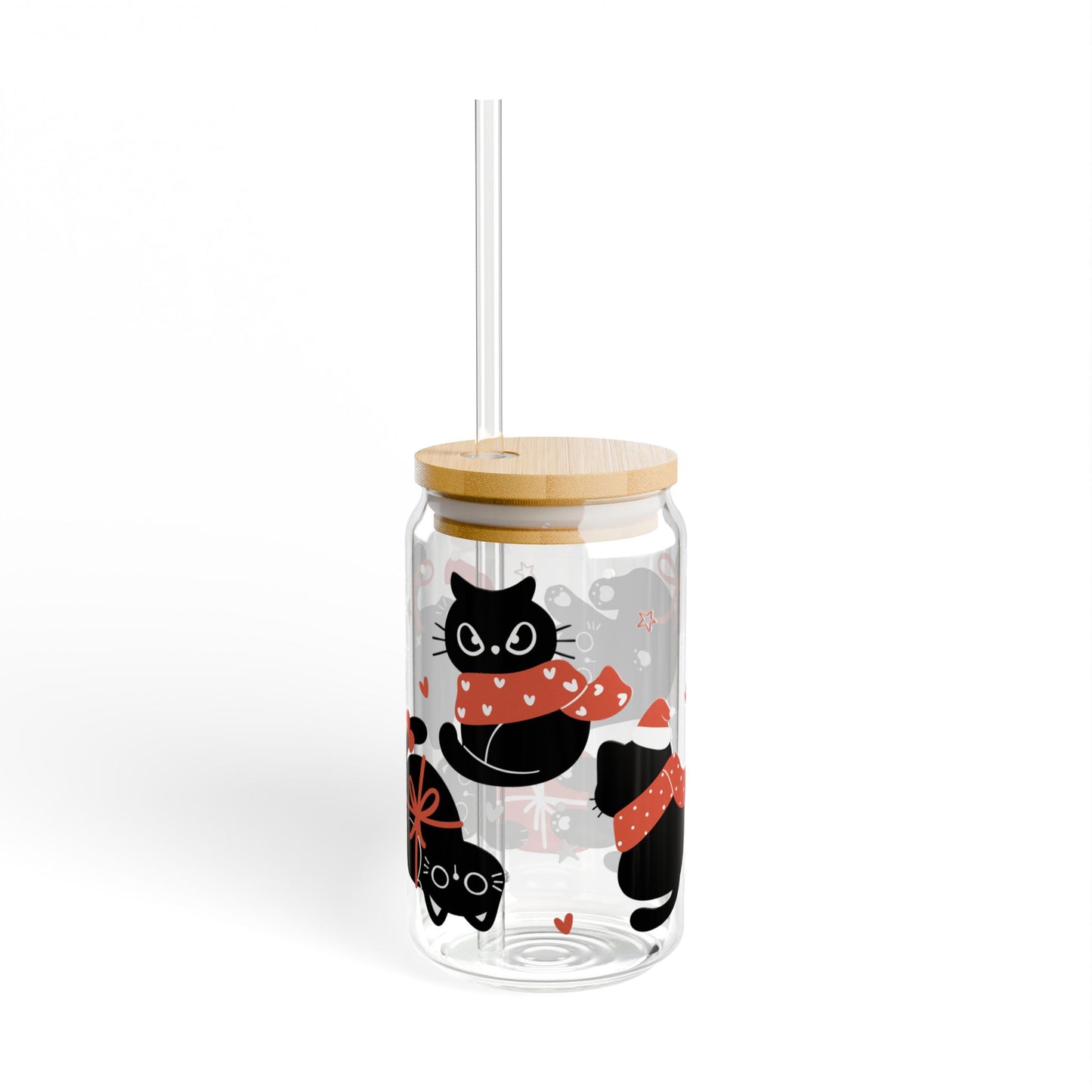 Christmas Cat Libbey Glass Can Cup 16oz – Cute Holiday Black Cat Tumbler with Lid & Straw, Kawaii Christmas Gift for Cat Lovers