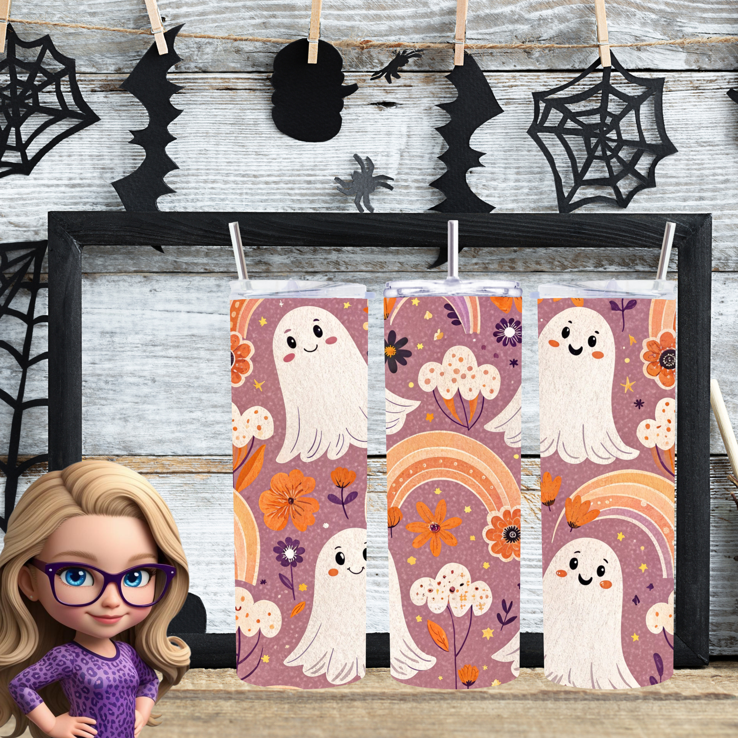 Cute Ghost Rainbow 20oz Skinny Tumbler, Spooky Season Drinkware, Ghost Lover Physical Tumbler, Made to Order Halloween Cup