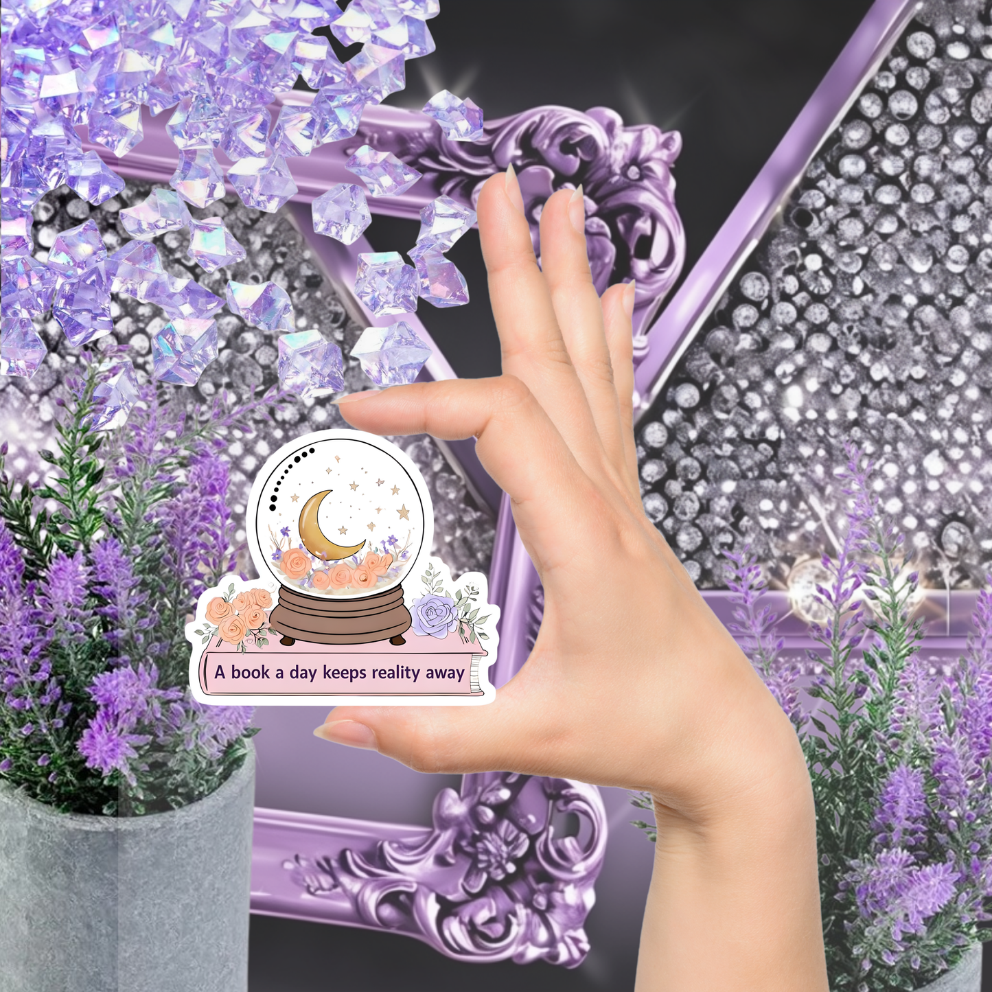 A Book a Day Keeps Reality Away Snow Globe Sticker - Mystical Floral Book Lover Decal